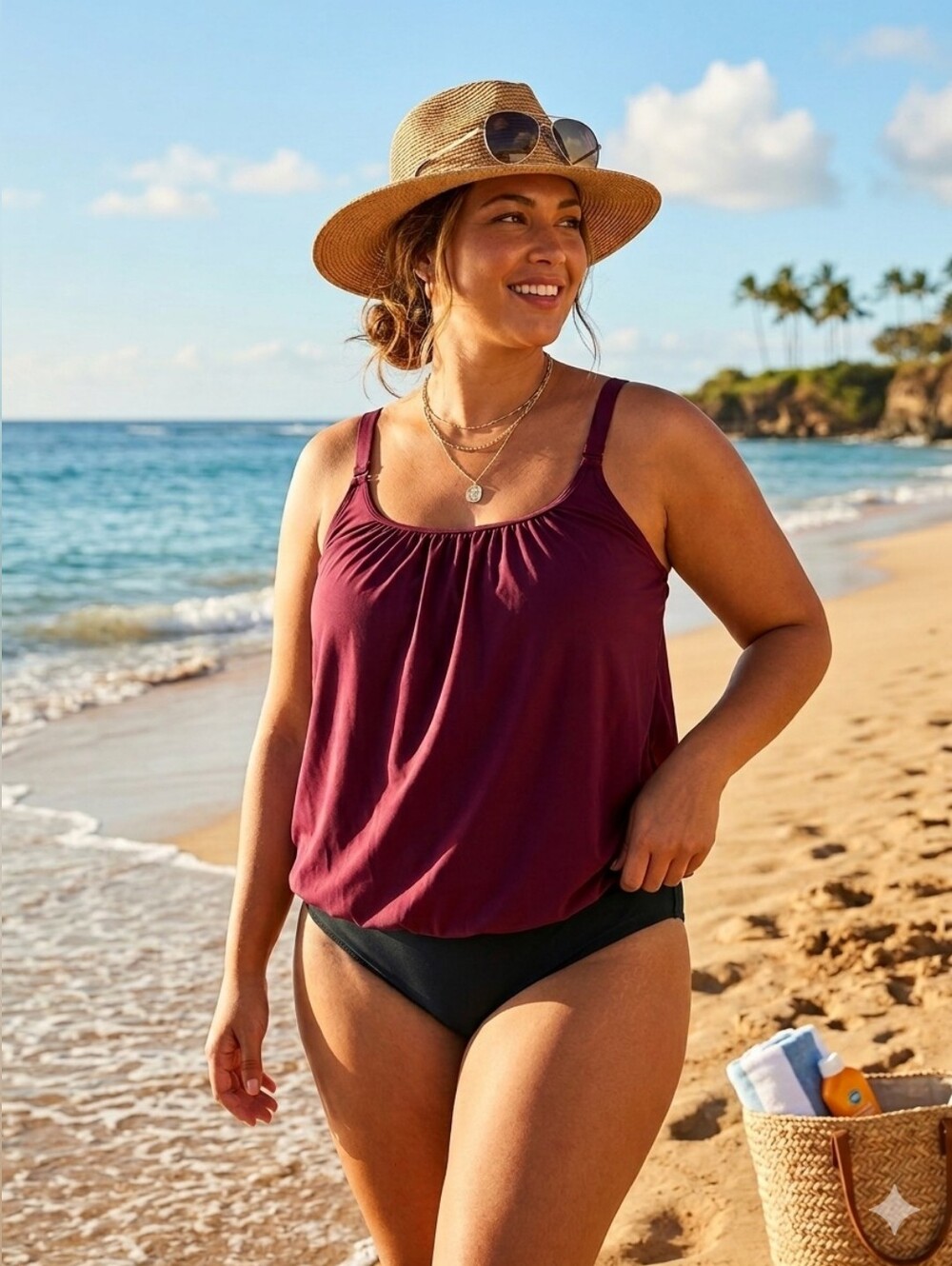 Bloomchic Swim Top With side Design, Maroon, Size 18-20/2X
